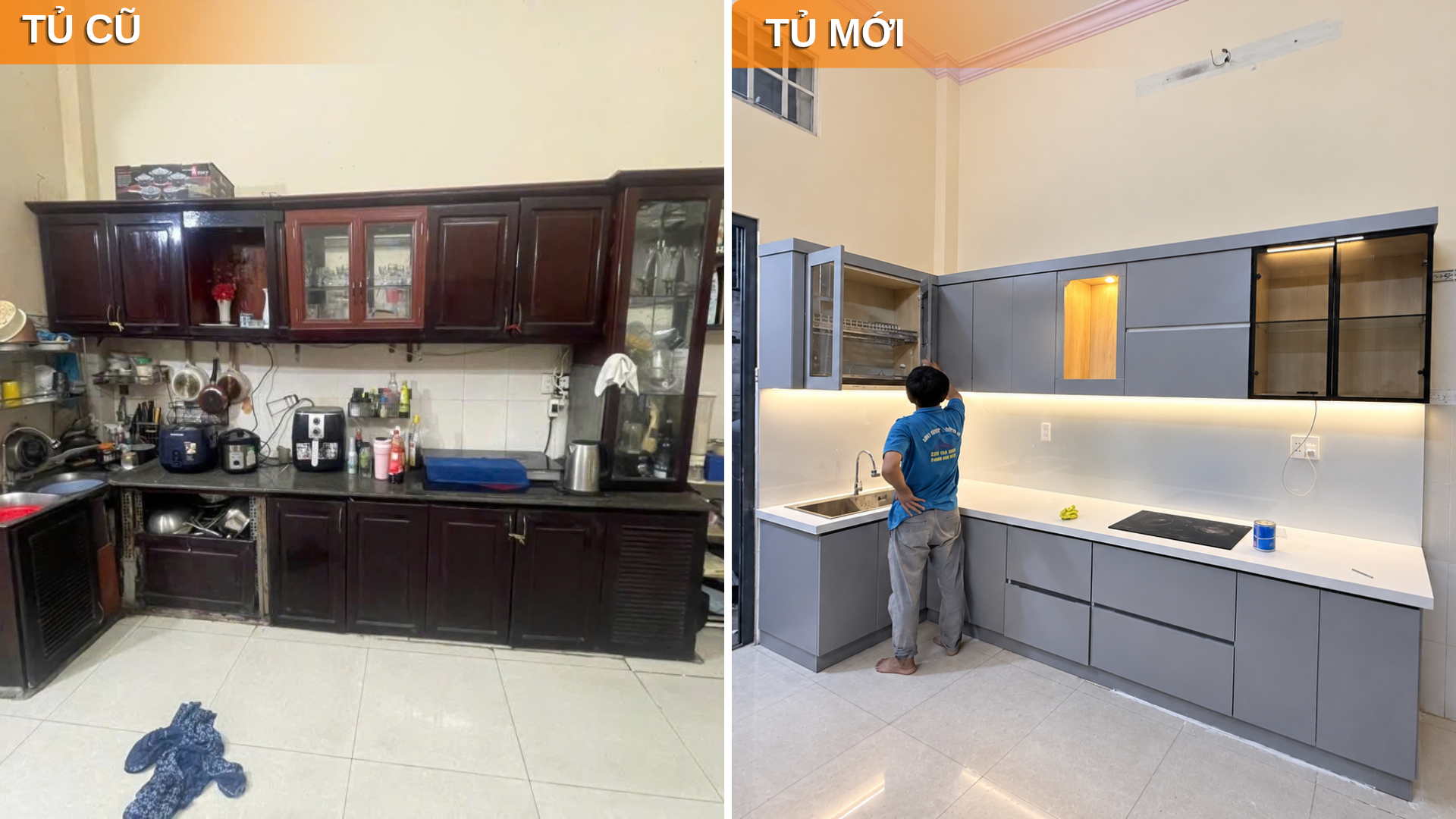 Tủ bếp trước và sau khi thay mới